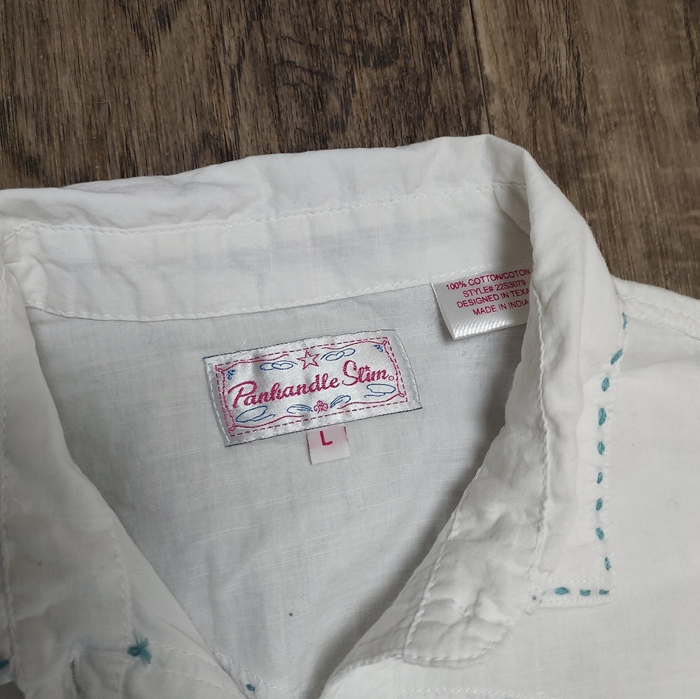 Panhandle Slim white with decorative stitches white pearl snap shirt Size L - Picture 13 of 16